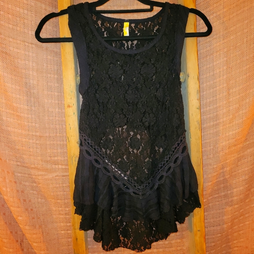 Free People Sheer Cutout Back Black Top